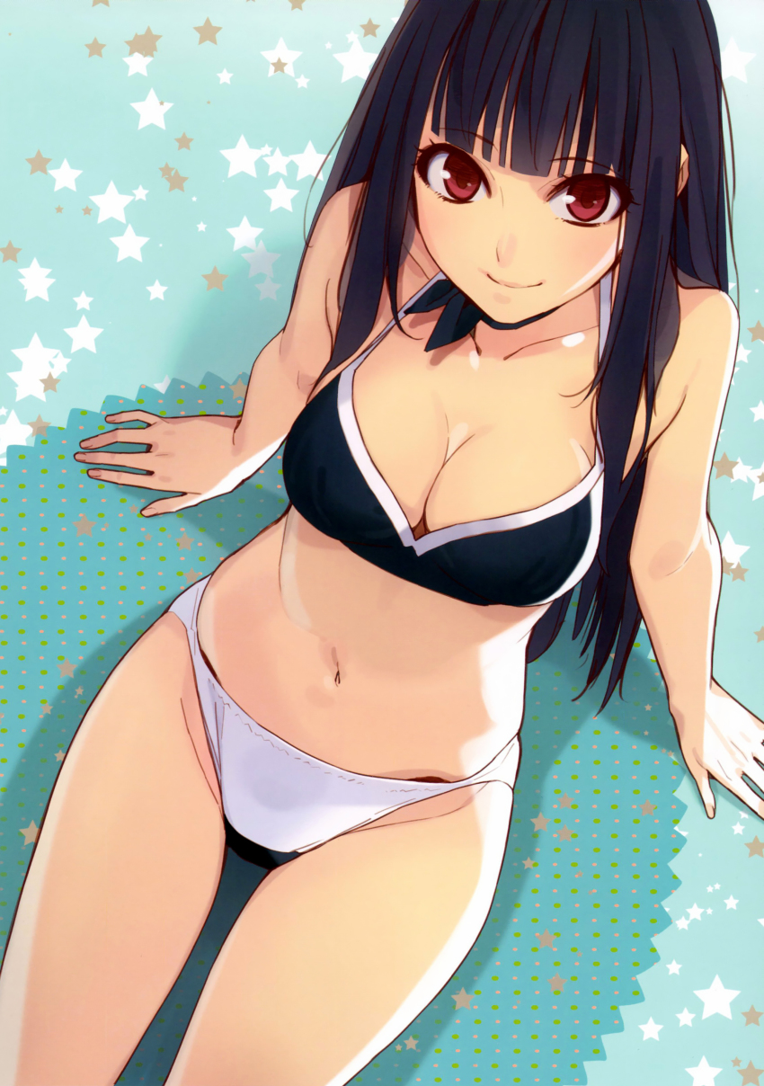 1girl absurdres arm_support bare_shoulders black_hair breasts cleavage collarbone female_focus from_above highres leaning_back long_hair looking_at_viewer looking_back medium_breasts memories_off memories_off_yubikiri_no_kioku morii_shizuki nagumo_kasumi navel red_eyes scan sitting smile solo star_(symbol)