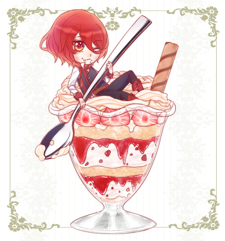 1boy :3 absurdres belt belt_buckle belt_collar black_pants black_vest boots brown_belt buckle buttons cake chibi cinnamon_stick closed_mouth collar collared_shirt commentary crumbs dessert diamond_button english_commentary food glass grid_background hair_between_eyes high_collar highres holding holding_spoon knee_up light_blush long_sleeves male-female_symbol one_eye_closed orange_eyes original oversized_food oversized_object pants picture_frame red_belt red_boots red_hair red_sleeve_cuffs sasamekuh shirt short_hair smile solo sparkling_eyes spoon strawberry_shortcake vest white_background white_shirt