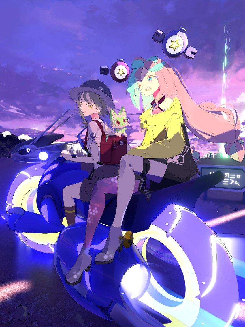 2girls absurdres backpack bag black_sclera blue_hair bow-shaped_hair braid brown_eyes brown_hair character_hair_ornament claws closed_mouth collared_shirt colored_sclera grey_footwear gurumaruhana hair_ornament hat hexagon_print highres iono_(pokemon) jacket juliana_(pokemon) long_hair low-tied_long_hair miraidon multicolored_hair multiple_girls naranja_academy_school_uniform necktie nintendo open_mouth outdoors oversized_clothes pink_eyes pink_hair pokemon pokemon_(creature) pokemon_sv revision riding school_uniform sharp_teeth shirt short_sleeves single_braid single_leg_pantyhose sky sleeveless sleeveless_shirt sleeves_past_fingers sleeves_past_wrists smile sprigatito teeth twintails two-tone_hair very_long_hair yellow_jacket