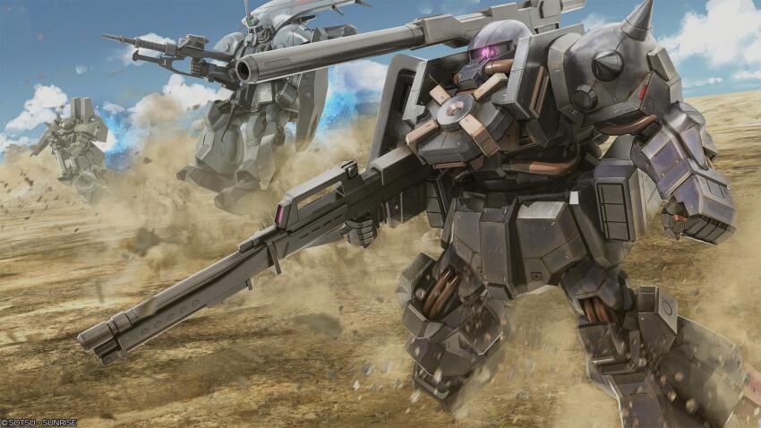 absurdres advance_of_zeta artist_request assault_rifle battle beam_cannon blue_sky cable clenched_hand cloud company_name copyright_notice debris desert dirty dust_cloud energy_gun ewac_zack flying gun gundam gundam_battle_operation_2 gundam_unicorn highres hizack hizack_cannon hizack_custom holding holding_weapon jumping machine_gun machinery mecha mecha_focus missile_pod mobile_suit no_humans official_art one-eyed pink_eyes radio_antenna radome realistic rifle robot rock science_fiction scope shield shoulder_cannon shoulder_spikes sky spikes sunrise_(company) thrusters titans_(gundam) weapon