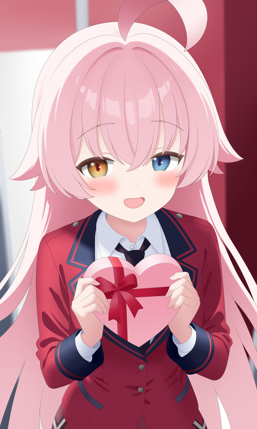 1girl :d absurdres ahoge alternate_costume backlighting black_necktie blue_archive blue_eyes blurry blurry_background blush bow box buttons collared_shirt commentary crat2222 english_commentary fang gift hair_between_eyes hands_up happy heart-shaped_box heterochromia highres holding holding_gift hoshino_(blue_archive) huge_ahoge jacket long_hair long_sleeves looking_at_viewer necktie open_mouth pink_hair red_bow red_jacket school_uniform shirt smile solo straight_hair upper_body valentine very_long_hair white_shirt yellow_eyes