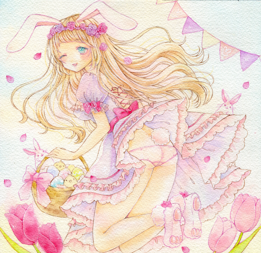 1girl amu_(m_aa) animal_ears aqua_eyes basket blonde_hair breasts bunting commentary_request cross-laced_clothes cross-laced_dress dress easter easter_egg egg flower from_behind full_body fur-trimmed_shoes head_wreath highres holding holding_basket jumping long_hair looking_at_viewer looking_back one_eye_closed open_mouth original painting_(medium) panties pantyshot paw_shoes pink_flower pink_panties pink_shoes pink_tulip puffy_short_sleeves puffy_sleeves purple_dress purple_flower purple_rose rabbit rabbit_ears rabbit_girl rabbit_tail red_flower red_rose rose shoes short_sleeves small_breasts smile solo tail traditional_media tulip underwear watercolor_(medium)