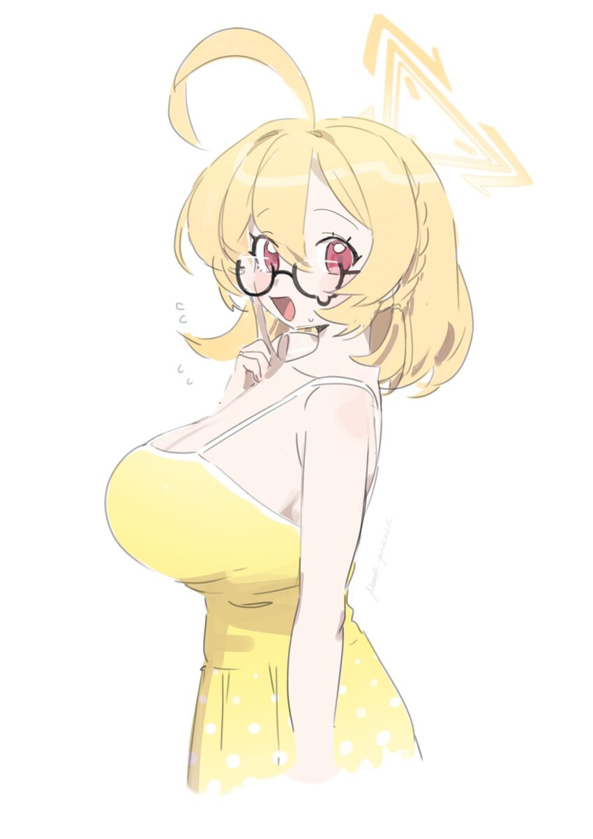 1girl ahoge black-framed_eyewear blonde_hair blue_archive blush breasts cleavage cropped_legs dress flying_sweatdrops glasses halo highres huge_ahoge huge_breasts kotori_(blue_archive) looking_at_viewer looking_to_the_side medium_hair nemo_(leafnight) red_eyes semi-rimless_eyewear sideboob simple_background sleeveless sleeveless_dress smile solo under-rim_eyewear white_background yellow_dress