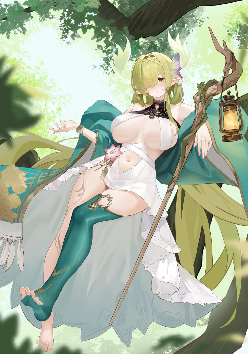 1girl absurdres azur_lane bare_shoulders barefoot blush bracelet braid branch breasts butterfly_hair_ornament center_opening changgong8745 clothing_cutout coat commentary_request de_zeven_provincien_(azur_lane) dress elf flower gold_trim green_coat green_eyes green_thighhighs grey_hair hair_ornament hair_over_one_eye highres jewelry lantern large_breasts leaf light_smile long_hair looking_at_viewer mage_staff navel navel_cutout off_shoulder on_tree pink_flower pointy_ears single_thighhigh sitting soles solo thighhighs thighs tree very_long_hair white_dress wooden_staff