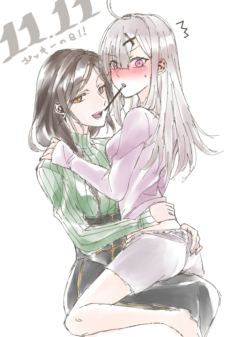 2girls black_hair black_skirt blush braid couple embarrassed female_focus food green_sweater grey_hair grey_shorts hair_behind_ear hand_on_another&#039;s_ass highres in_mouth long_hair multiple_girls nijisanji open_mouth pocky ribbed_sweater shirayuki_tomoe shorts sitting sitting_on_person sketch skirt smile sukoya_kana sweater virtual_youtuber wa_(r_waizumi) white_background yuri