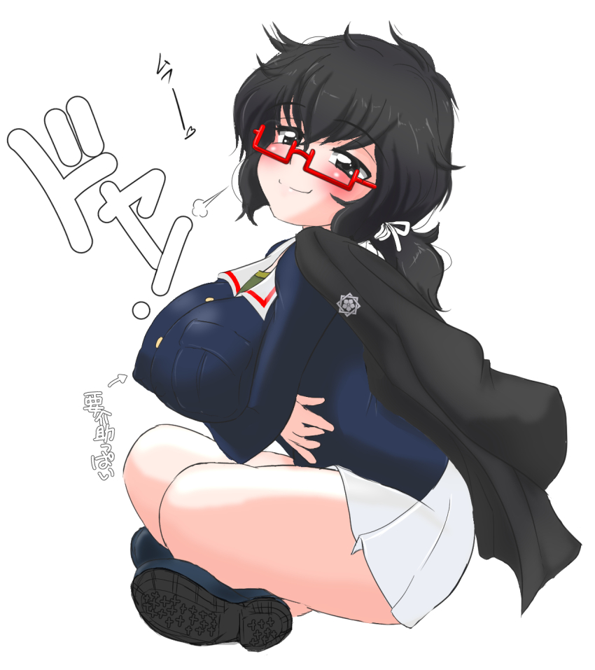 1girl black_hair blush breasts cape closed_mouth covered_erect_nipples girls_und_panzer glasses grey_eyes highres jog72 large_breasts looking_at_viewer military_uniform ooarai_military_uniform oryou_(girls_und_panzer) short_hair simple_background sitting smile solo white_background