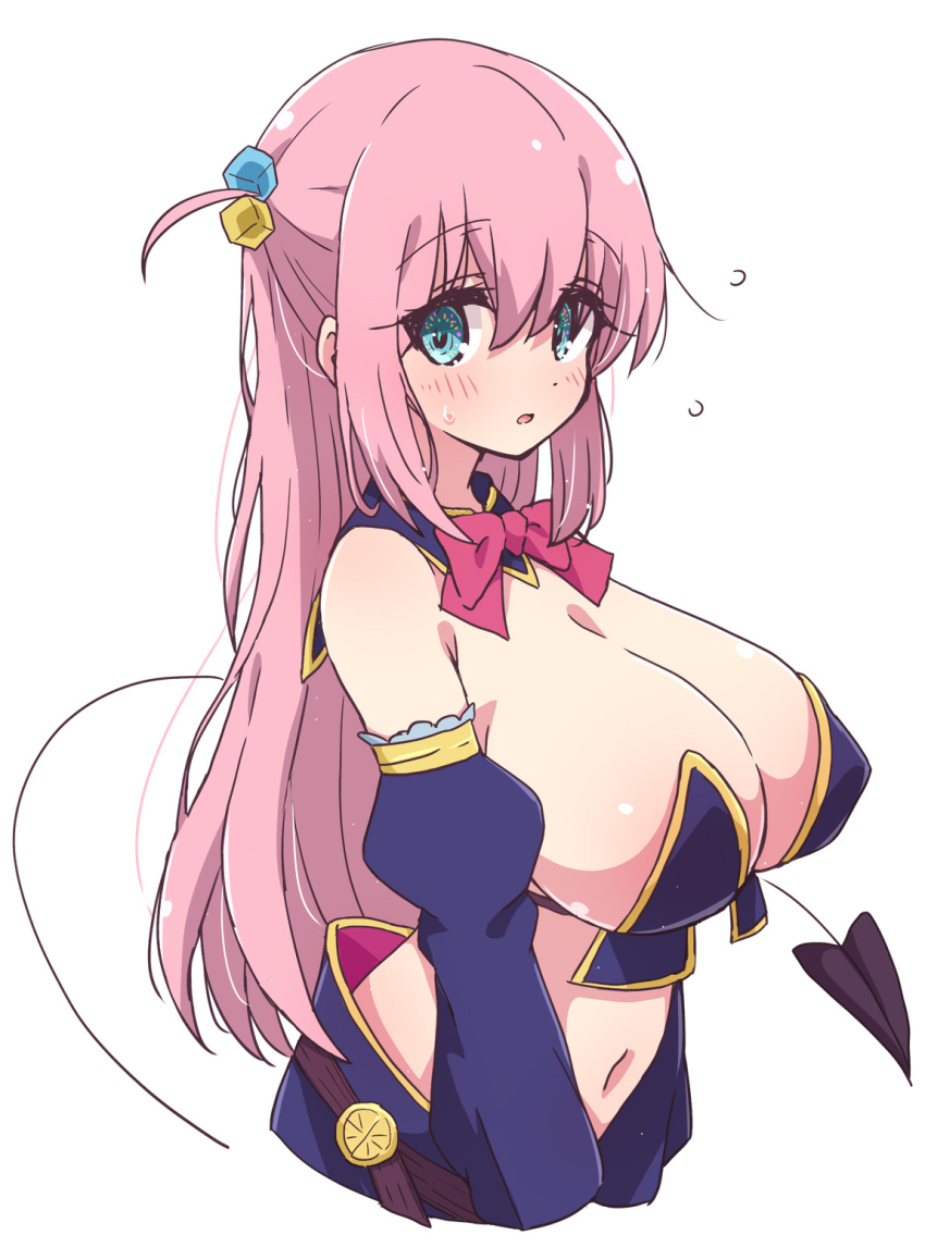 1girl aqua_eyes blue_sleeves blush bocchi_the_rock! bow bowtie breasts cleavage cosplay crisis_management_form_(machikado_mazoku) cube_hair_ornament demon_tail detached_sleeves gotoh_hitori hair_between_eyes hair_ornament highres large_breasts long_hair looking_at_viewer machikado_mazoku mel_(melty_pot) navel pink_hair red_bow red_bowtie simple_background solo tail white_background yoshida_yuuko_(machikado_mazoku) yoshida_yuuko_(machikado_mazoku)_(cosplay)