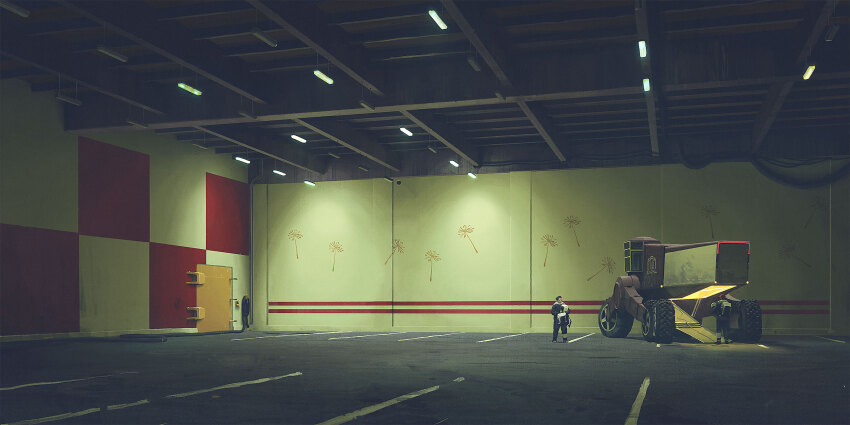 2others backpack bag cable garage highres indoors keypad motor_vehicle multiple_others mural overhead_lights science_fiction simon_stalenhag the_labyrinth unconventional_vehicle wheel