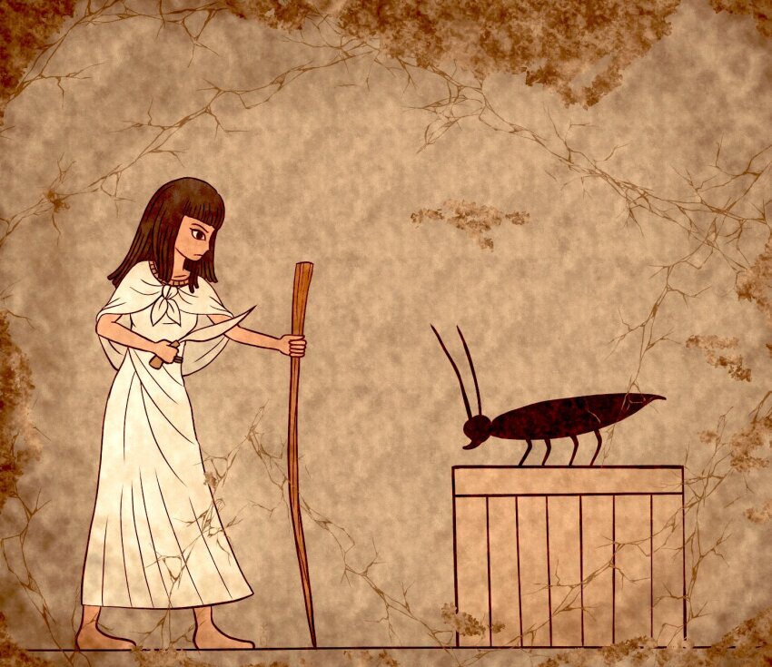 1girl ancient_egyptian barefoot black_hair bug capelet cockroach commentary_request dress egyptian_art fine_art_parody from_side highres holding holding_knife holding_staff insect kita_(7kita) knife original oversized_insect parody profile solo staff standing white_capelet white_dress