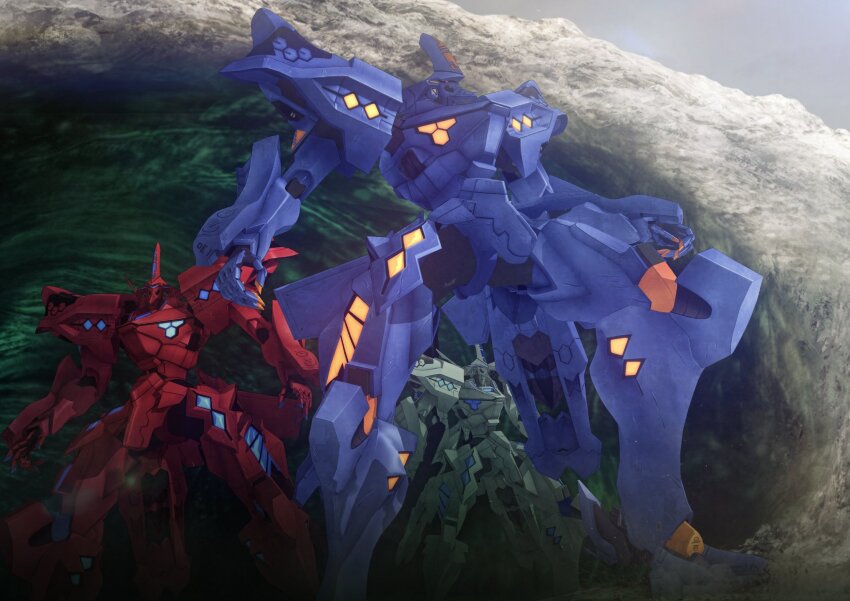 assault_visor cave highres looking_up mecha muv-luv muv-luv_alternative muv-luv_unlimited:_the_day_after no_humans official_art red_eyes robot science_fiction solo_focus standing tactical_surface_fighter type_00_takemikazuchi