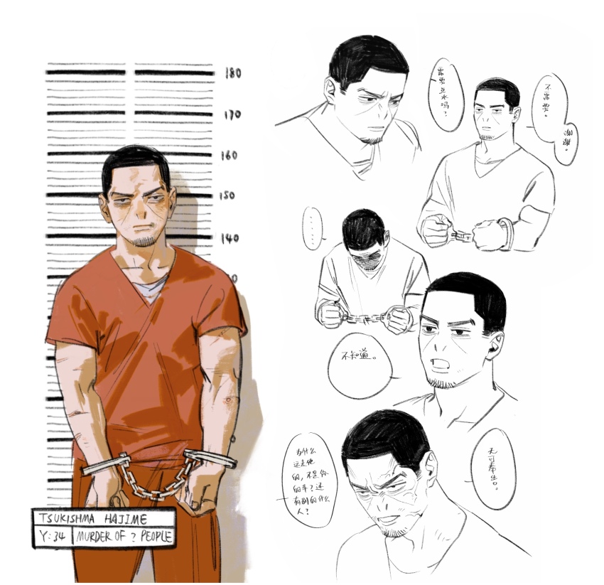 1boy black_eyeshadow black_hair character_age character_name chengongzi123 closed_mouth commentary contemporary cowboy_shot cuffs english_commentary english_text eyeshadow facial_hair goatee_stubble golden_kamuy handcuffs highres looking_at_viewer makeup male_focus mugshot multiple_views orange_pants orange_shirt pants partially_colored prison_clothes scar scar_on_arm shirt short_hair short_sleeves simple_background speech_bubble standing stubble translation_request tsukishima_hajime veins very_short_hair white_background