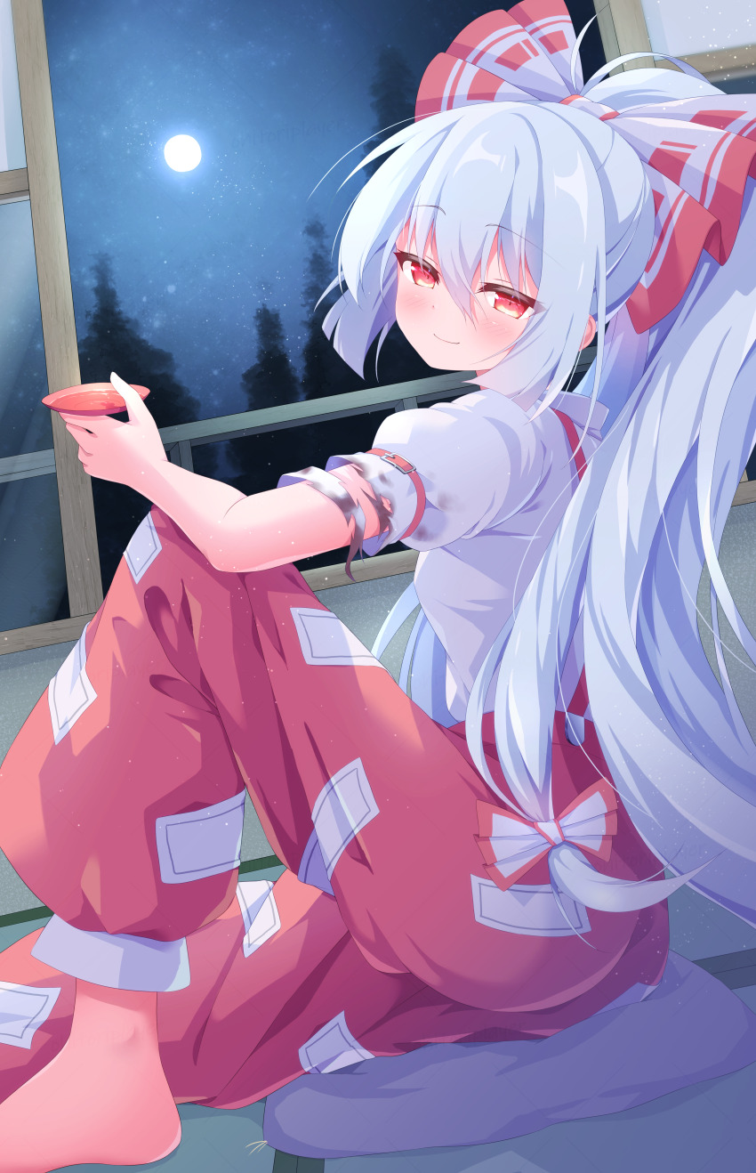 1girl absurdres alcohol baggy_pants barefoot blue_sky blush bow closed_mouth commentary_request floor forest from_side fujiwara_no_mokou full_moon hair_between_eyes hair_bow half-closed_eyes hand_up high_ponytail highres long_hair looking_at_viewer moon nature night night_sky ofuda ofuda_on_clothes ohitoriplayer open_door pants pillow pine_tree ponytail puffy_short_sleeves puffy_sleeves red_eyes red_pants sake shadow shirt short_sleeves shouji sitting sky sliding_doors smile solo star_(sky) starry_sky suspenders torn_clothes torn_shirt touhou tree white_bow white_hair white_shirt
