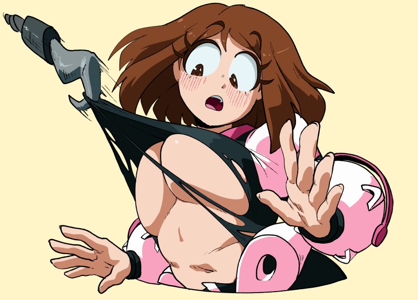 1girl absurdres assisted_exposure blush bodysuit boku_no_hero_academia breasts brown_eyes brown_hair clothes_pull commentary cropped_torso english_commentary hands_up highres hook inker_comics large_breasts looking_down midriff navel open_mouth short_hair sidelocks simple_background solo spread_fingers tearing_clothes torn_bodysuit torn_clothes underboob upper_body uraraka_ochako wardrobe_malfunction yellow_background