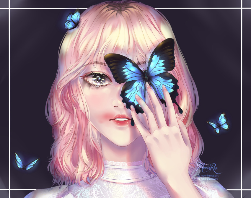 1girl absurdres artist_name black_background blonde_hair blue_butterfly blunt_bangs bug butterfly close-up commentary crying english_commentary eunha_(gfriend) gfriend highres insect k-pop looking_at_viewer makeup one_eye_covered parted_lips pink_hair pink_lips real_life rosartemis runny_makeup simple_background solo tears