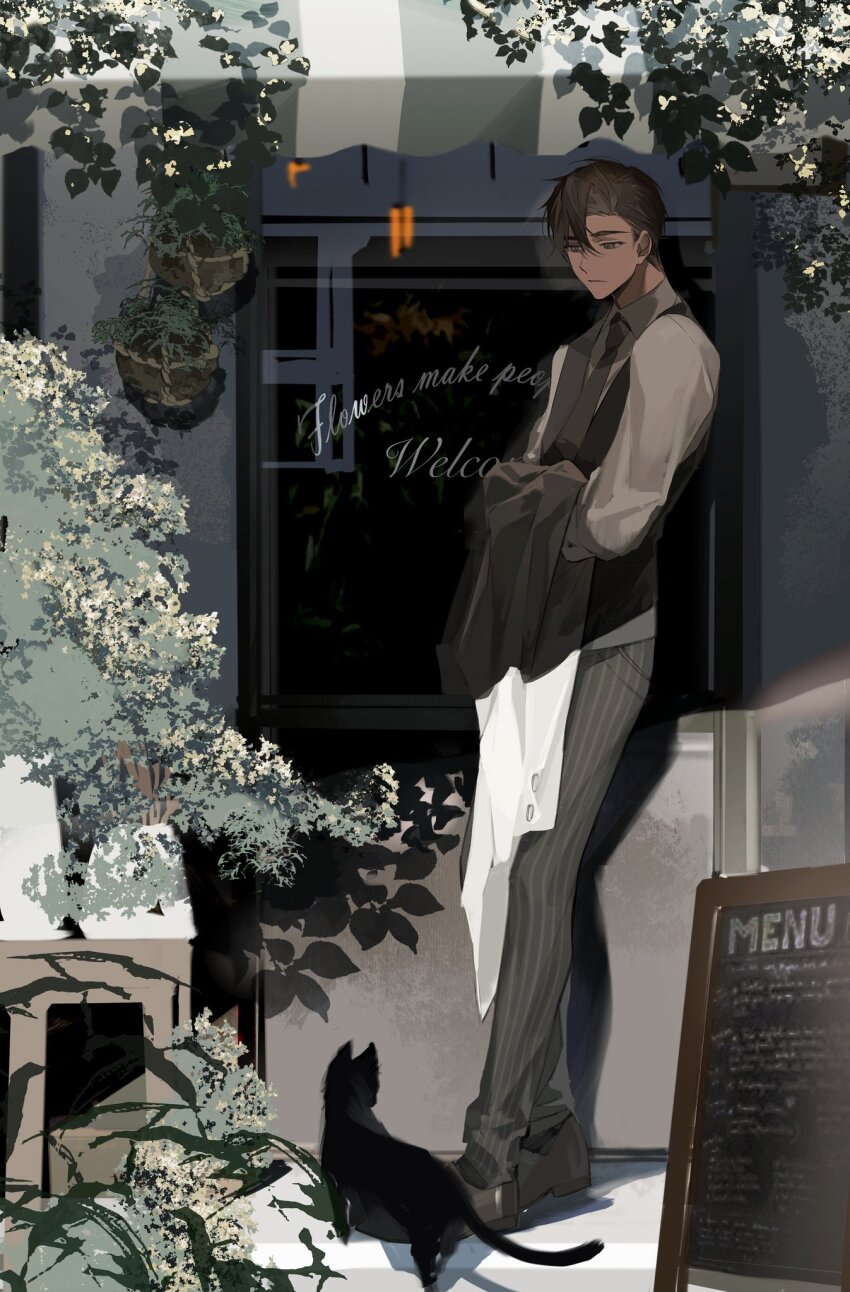 1boy ameinu black_cat brown_hair cat collared_shirt full_body grey_pants highres long_sleeves male_focus original outdoors panties pants plant shirt shoes short_hair standing striped_clothes striped_panties underwear vest