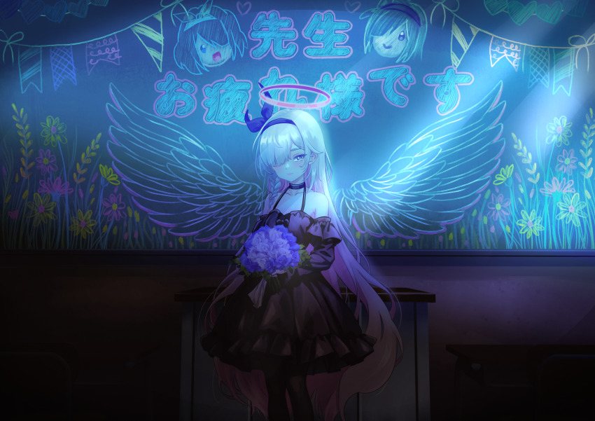 1girl alternate_costume arona_(blue_archive) black_choker black_dress black_pantyhose blue_archive blunt_bangs bouquet cameo chalkboard choker collarbone colored_inner_hair commentary_request detached_sleeves dress flower frilled_dress frills gothic_lolita hair_between_eyes hair_over_one_eye hairband hakase_(lolitagallery) halo halterneck highres holding holding_bouquet lolita_fashion long_bangs long_hair long_sleeves looking_at_viewer moonlight multicolored_hair pantyhose plana_(blue_archive) purple_flower purple_rose rose sidelocks solo spaghetti_strap translation_request two-tone_hair