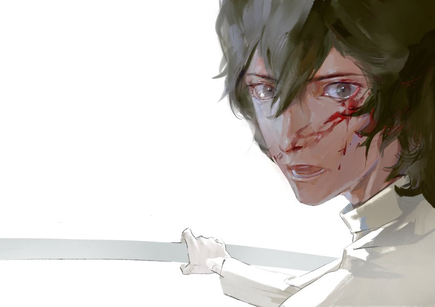 1boy absurdres arjuna_(fate) black_hair blood blood_on_face commentary dark-skinned_male dark_skin fate/grand_order fate_(series) gloves hair_between_eyes highres holding male_focus open_mouth short_hair siyemmm solo white_gloves