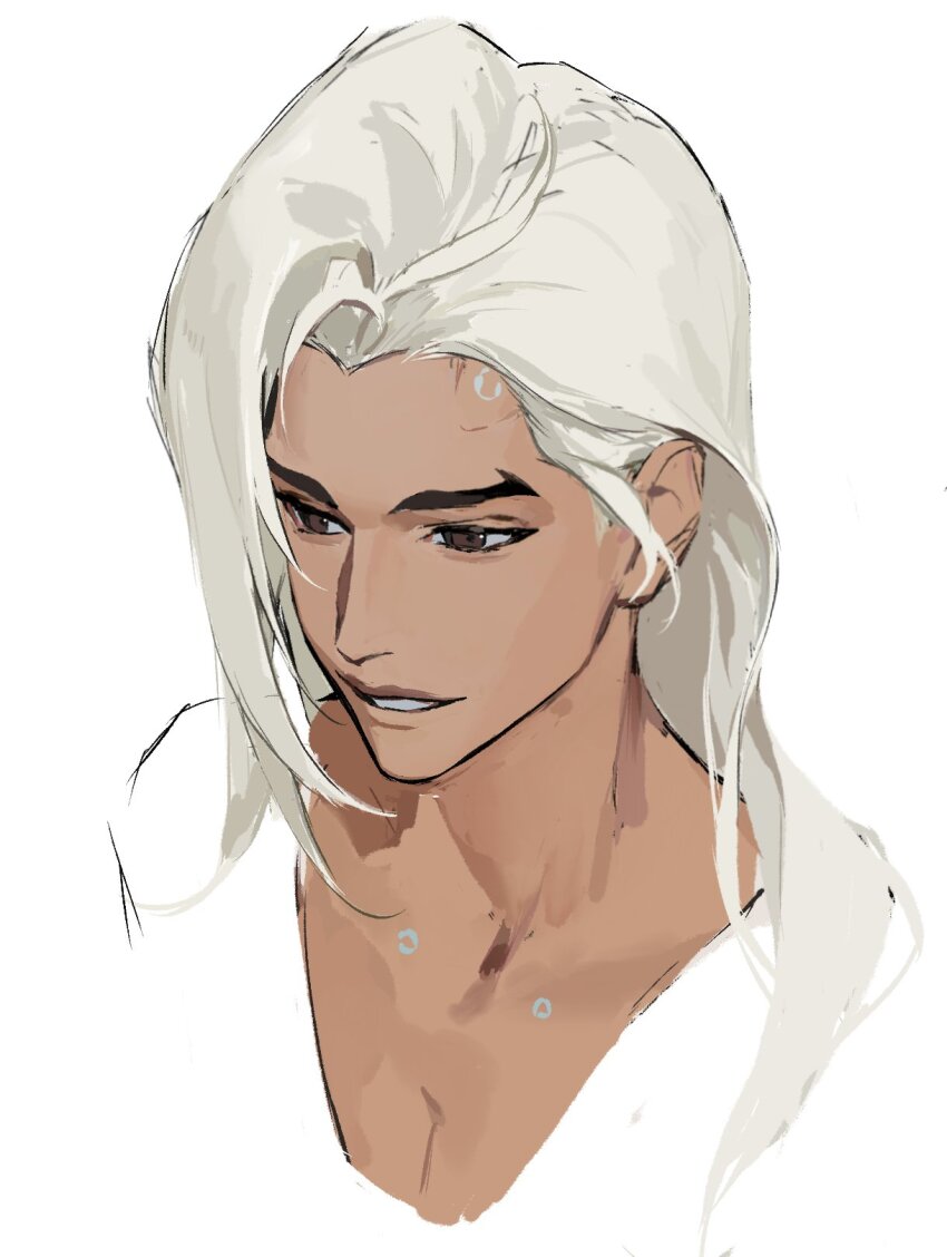1boy androgynous brown_eyes collarbone commentary cropped_shoulders dark-skinned_male dark_skin forked_eyebrows hashtag-only_commentary highres lifeweaver_(overwatch) long_hair looking_ahead male_focus overwatch overwatch_2 parted_lips shirt simple_background smile solo very_long_hair white_background white_shirt xie_youqing