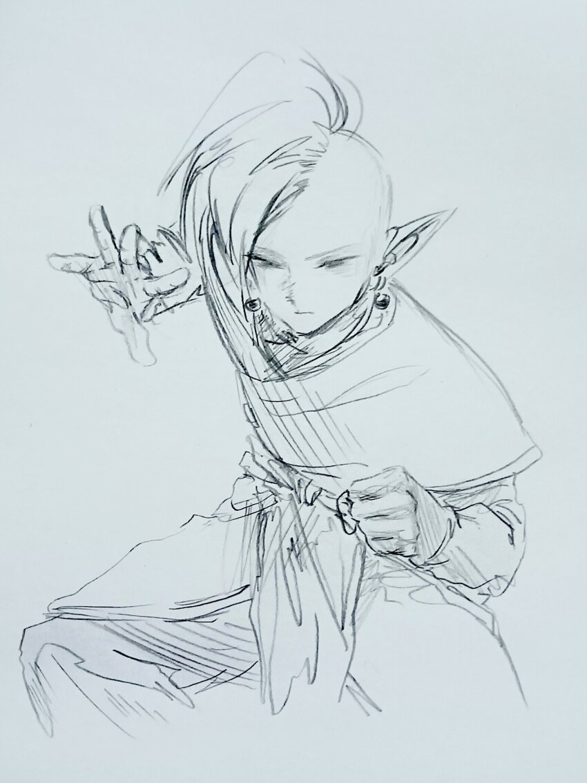 1boy bad_id bad_twitter_id battle_stance closed_mouth dragon_ball dragon_ball_super earrings greyscale highres jewelry long_sleeves mohawk monochrome pants pointy_ears potara_earrings sash sffuju shirt short_hair sketch solo traditional_media zamasu