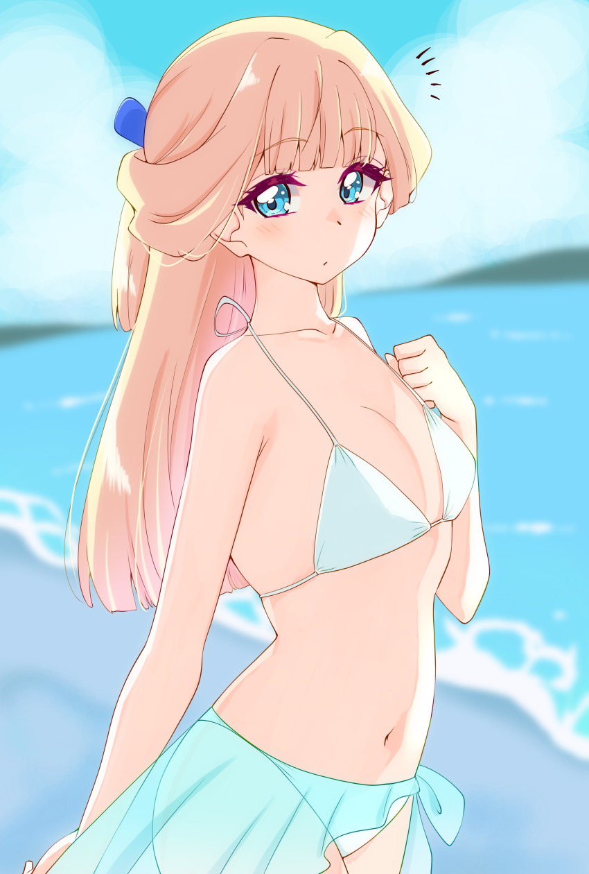 1girl absurdres arm_behind_back beach bikini blonde_hair blue_bow blue_eyes blue_sarong blunt_bangs bow breasts closed_mouth collarbone hair_bow highres light_blush long_hair looking_at_viewer navel nekoyashiki_yuki notice_lines precure sarong see-through_clothes see-through_sarong small_breasts solo sugimura_mickey swimsuit water white_bikini wonderful_precure!