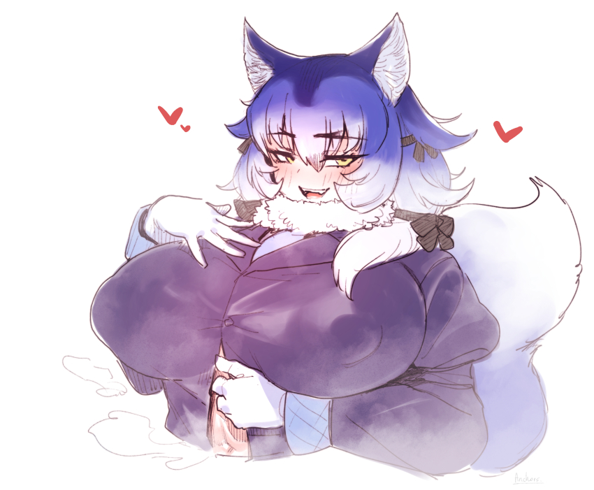 anchors_(mono_eye_os) animal_ears blazer blue_hair breasts dire_wolf_(kemono_friends) extra_ears highres jacket kemono_friends large_breasts long_hair wolf_ears wolf_girl