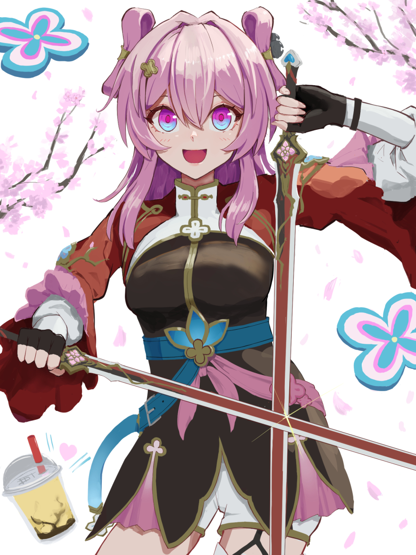 1girl belt black_dress black_gloves bloomers blue_belt breasts chinese_clothes commentary_request cowboy_shot dress dual_wielding fingerless_gloves flower garter_straps gloves hair_flower hair_ornament hairpin high_belt highres holding holding_sword holding_weapon honkai:_star_rail honkai_(series) long_sleeves mandarin_collar march_7th_(honkai:_star_rail) march_7th_(hunt)_(honkai:_star_rail) medium_breasts medium_hair official_alternate_costume official_alternate_hairstyle open_mouth partial_commentary pink_eyes pink_hair pink_pupils pink_sash puffy_sleeves sash shuangyaji single_garter_strap smile solo sword toki78288809 underbust underwear weapon white_bloomers white_sleeves