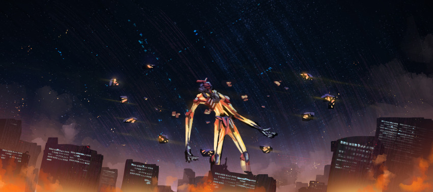 battle building burning cityscape commentary_request debris ejection energy_barrier fake_screenshot fire floating gundam gundam_gquuuuuux highres hoshimiya_aki machinery mecha mecha_focus mobile_suit no_humans psycho_gundam reactive_armor realistic red_visor reveal robot ruins science_fiction sketch space_habitat spoilers v-fin window zero_gravity