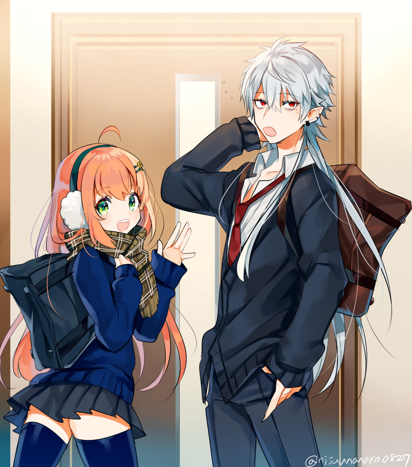 1boy 1girl :d absurdres ahoge alternate_hair_length alternate_hairstyle ass bag black_cardigan black_pants blue_cardigan blue_thighhighs brown_scarf cardigan collarbone collared_shirt door dress_shirt ear_piercing earmuffs earrings green_eyes grey_hair hair_between_eyes hair_ornament hairclip highres honma_himawari jewelry kuzuha_(nijisanji) long_hair long_sleeves looking_at_viewer necktie nijisanji ninahachi open_mouth orange_hair pants piercing plaid_clothes plaid_scarf pointy_ears red_eyes red_necktie scarf school_bag school_uniform shirt sleeves_past_wrists smile thighhighs twitter_username very_long_hair virtual_youtuber white_shirt
