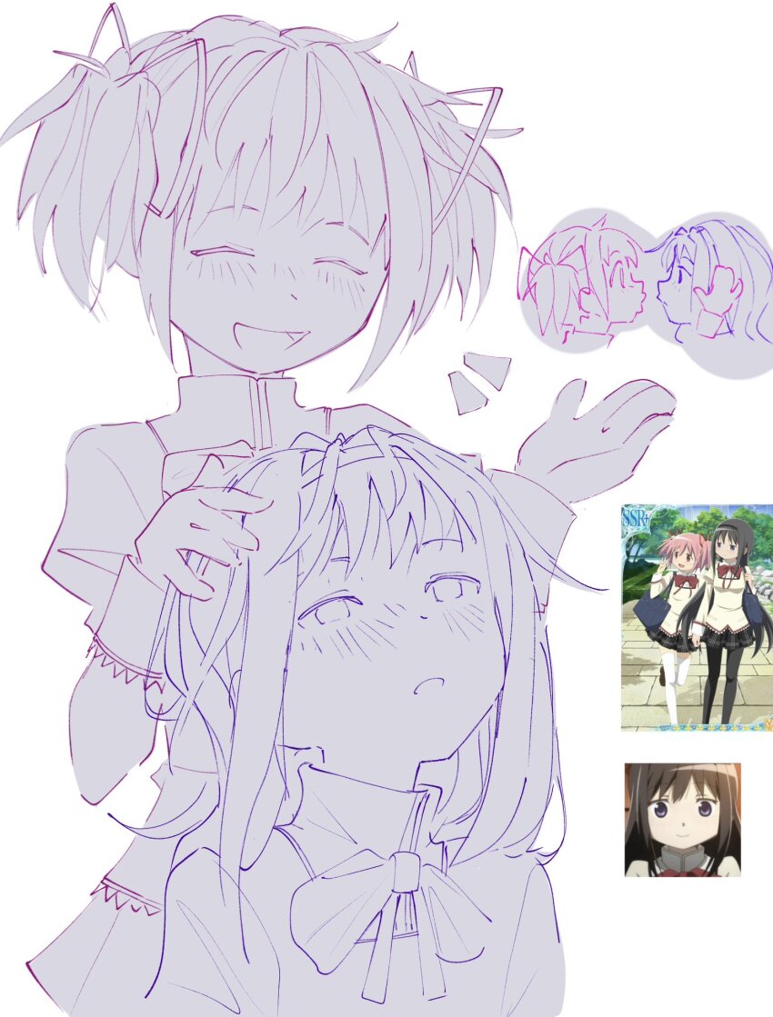 2girls :o ^_^ akemi_homura anime_screenshot_inset check_copyright chibi chibi_inset closed_eyes commentary copyright_request english_commentary hairband hand_in_another&#039;s_hair hand_up highres imminent_kiss kaligraphy kaname_madoka long_hair mahou_shoujo_madoka_magica mahou_shoujo_madoka_magica_(anime) multiple_girls open_mouth short_twintails sketch smile twintails yuri