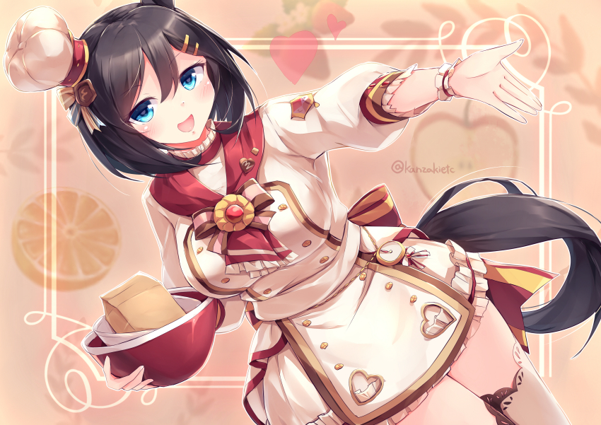 1girl :d absurdres animal_ears apron blue_eyes blush bob_cut bowl breasts buttons chef commentary_request double-breasted double-parted_bangs dress eishin_flash_(collect_chocolatier)_(umamusume) eishin_flash_(umamusume) food-themed_background frilled_wrist_cuffs frills hair_between_eyes hair_bun hair_ornament hairclip hat highres holding holding_bowl horse_ears horse_girl horse_tail kanzakietc large_breasts looking_at_viewer mini_chef_hat mini_hat mixing_bowl narrow_waist neckerchief official_alternate_costume open_mouth outside_border outstretched_arms red_neckerchief short_dress single_hair_bun smile solo tail thick_thighs thighhighs thighs three-quarter_sleeves tilted_headwear twitter_username umamusume white_apron white_dress white_hat white_thighhighs wide_hips wrist_cuffs