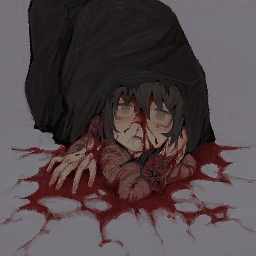 1girl bag blood blood_on_face blood_splatter corpse death dismemberment entrails grey_background guro hair_between_eyes highres intestines looking_at_viewer mutilation organs original plastic_bag severed_arm severed_hand severed_limb sunny_sakana torn torn_bag trash trash_bag