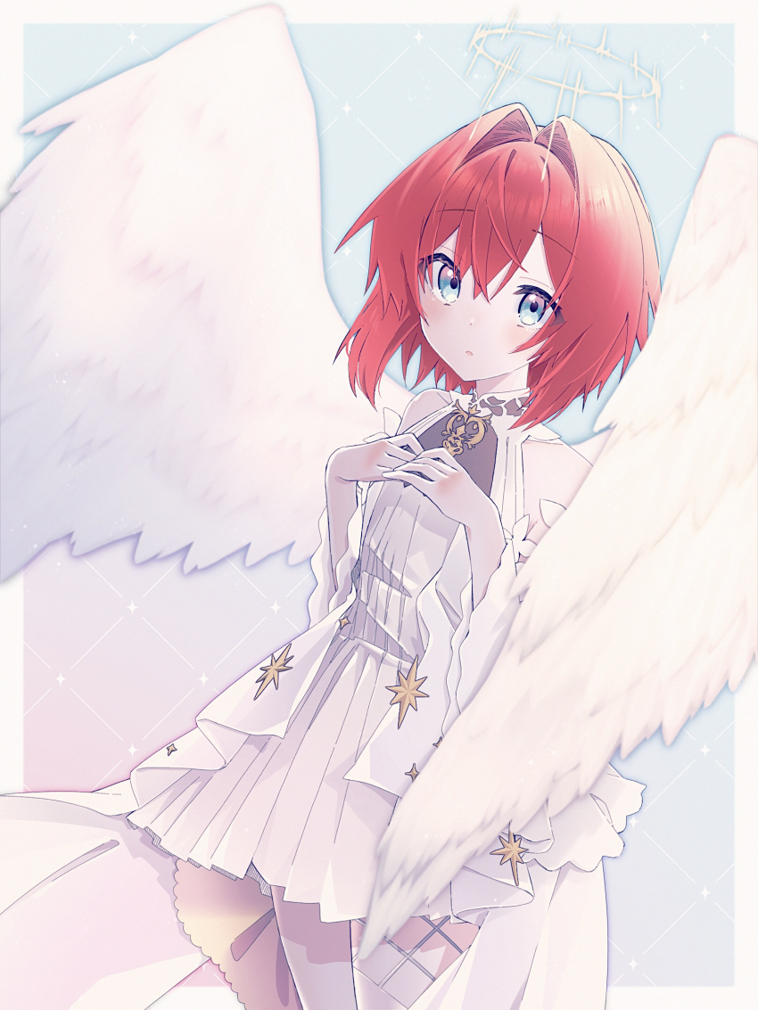 1girl ange_katrina angel_wings ayuko_ammobium blue_background blue_eyes border commentary_request cowboy_shot detached_sleeves dress feathered_wings flat_chest gradient_background gradient_eyes grid_background hair_between_eyes hair_intakes hands_on_own_chest highres looking_at_viewer medium_hair multicolored_eyes nijisanji official_alternate_costume outside_border parted_lips pink_background pink_eyes pleated_dress red_hair short_dress sleeveless sleeveless_dress solo star_(symbol) virtual_youtuber white_border white_dress white_sleeves white_wings wings