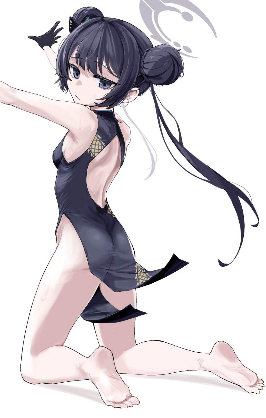 1girl absurdres barefoot black_eyes black_hair blue_archive chan_ye2 china_dress chinese_clothes double_bun dress feet hair_bun highres kisaki_(blue_archive) long_hair looking_at_viewer soles toes