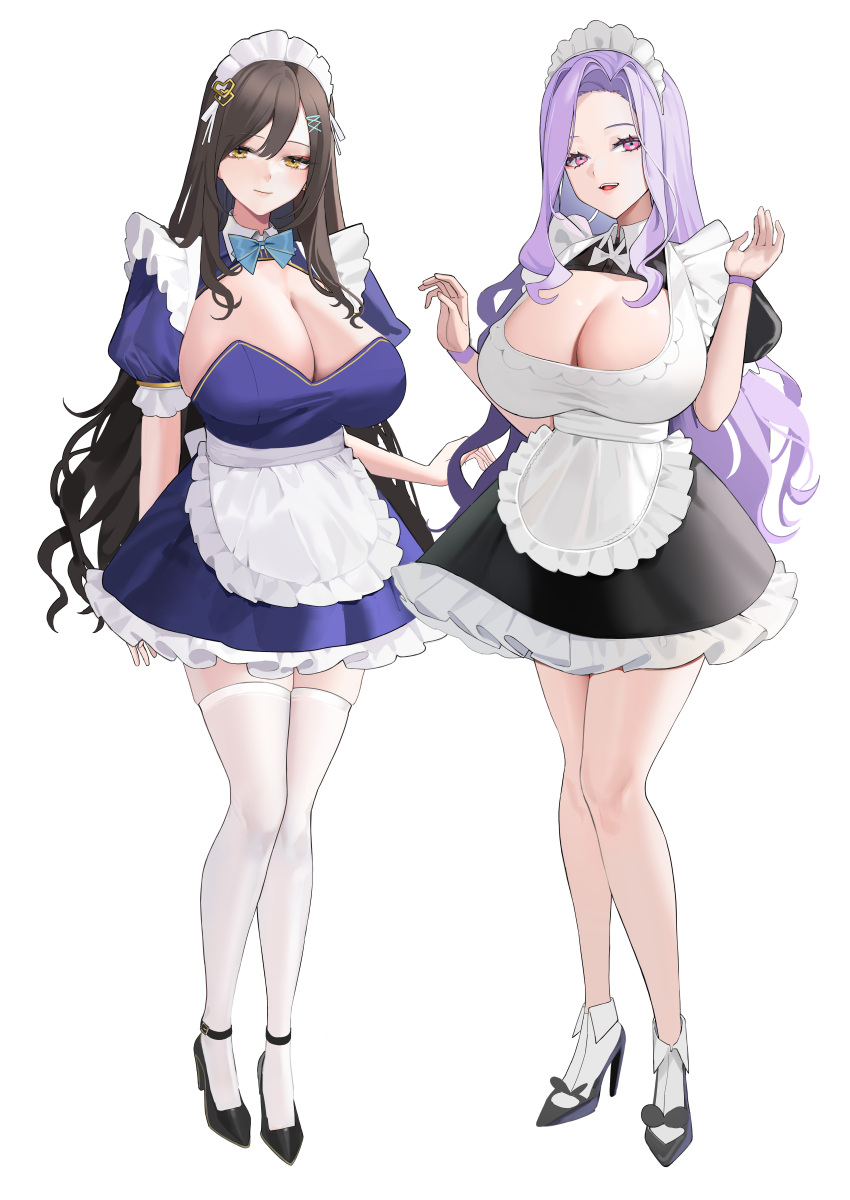 2girls 767_(pixiv973307689) absurdres ankle_socks ankle_strap apron black_dress black_shoes blue_bow blue_bowtie blue_dress blue_ribbon bow bowtie breasts brown_hair cleavage cleavage_cutout clothing_cutout collared_dress collared_socks commentary contrast_collar criss-cross_ribbon curly_ends dress frilled_apron frilled_dress frills full_body hair_between_eyes hair_ornament hair_ribbon hands_up high_heels highres huge_breasts legs long_hair looking_at_viewer maid maid_apron maid_headdress multiple_girls open_mouth original parted_bangs pink_eyes pink_lips puffy_short_sleeves puffy_sleeves purple_hair ribbon shoes short_dress short_sleeves side-by-side sidelocks simple_background smile socks standing swept_bangs teeth thighhighs traditional_bowtie upper_teeth_only very_long_hair white_apron white_background white_socks white_thighhighs wristband yellow_eyes