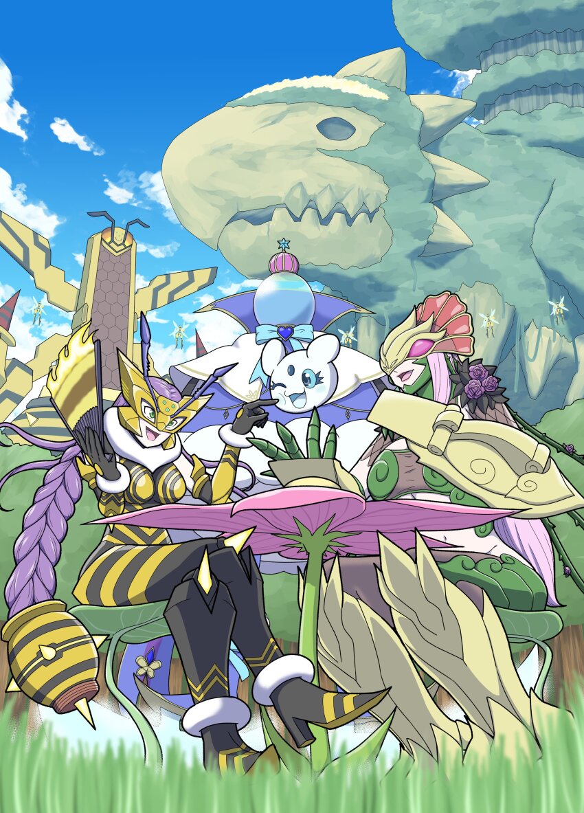 absurdres blue_eyes ceresmon ceresmon_medium digimon digimon_(creature) grass hand_fan highres long_hair mask queenbeemon skadimon smile vespamon