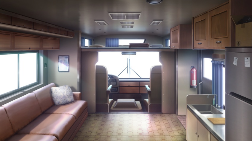 air_conditioner cabinet car_interior couch day fire_extinguisher glowing highres loft_bed no_humans non-web_source official_art our_life:_beginnings_and_always photo_(object) pillow recreational_vehicle refrigerator scenery sink sticky_note tile_floor tiles variant_set window_light