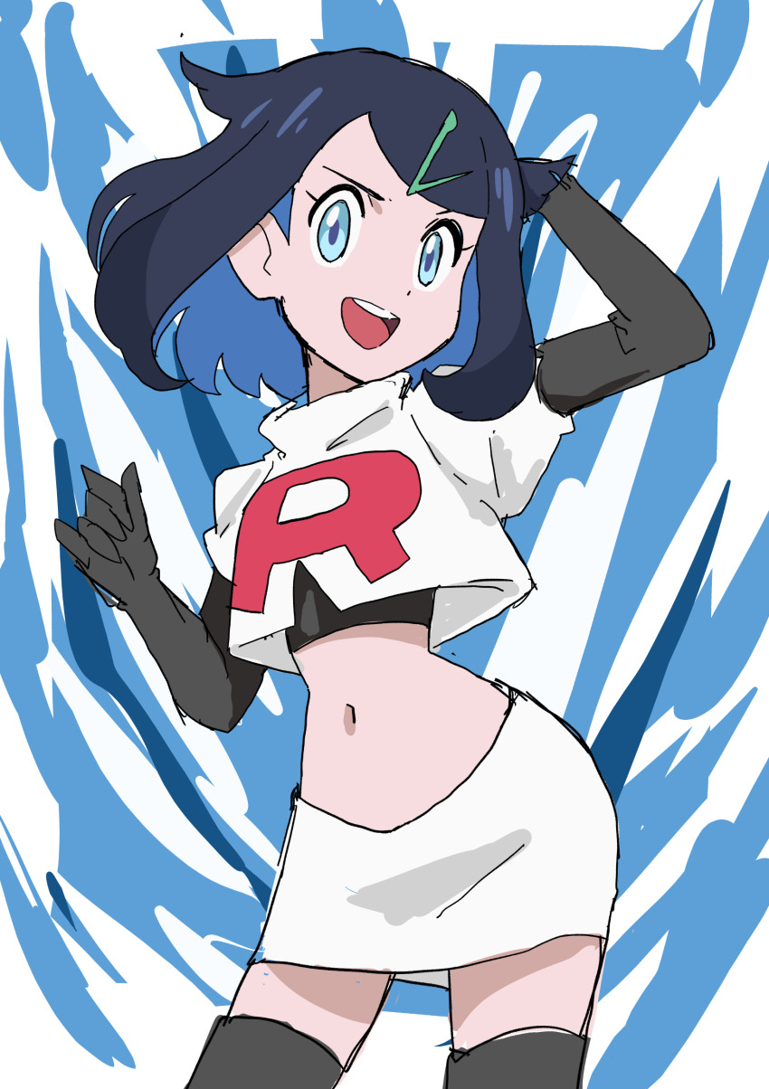 1girl absurdres aqua_eyes arm_up arms_up black_boots black_gloves black_hair black_leggings black_long_gloves boots colored_inner_hair cosplay cowlick cropped_jacket elbow_gloves female_focus full_body gloves hainchu hair_ornament hairclip hands_behind_own_head highres jacket jessie_(pokemon)_(cosplay) leggings liko_(pokemon) logo long_glove multicolored_hair navel nintendo open_mouth pokemon pokemon_(anime) pokemon_horizons skirt solo solo_focus team_rocket team_rocket_(cosplay) team_rocket_uniform thighs tongue white_jacket white_skirt