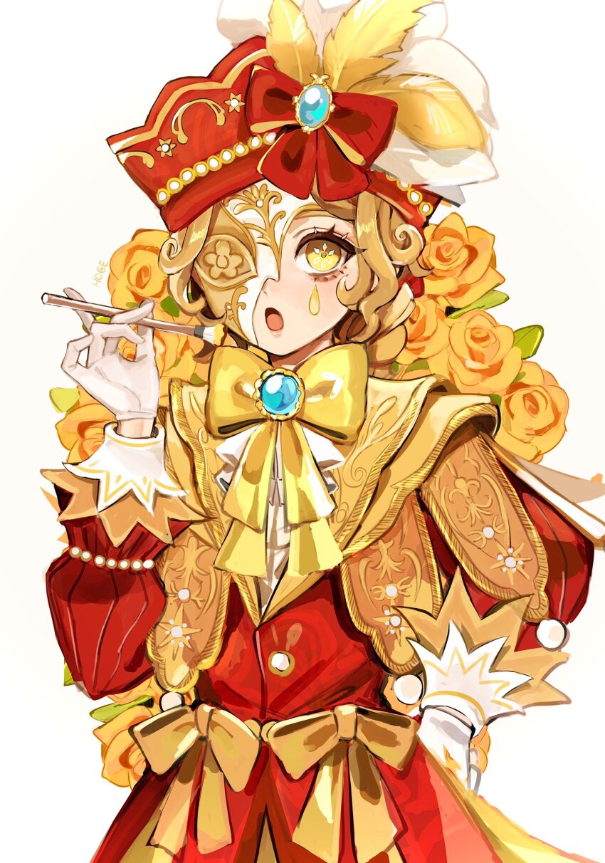 1boy :o androgynous ascot blonde_hair blue_gemstone bow brooch curly_hair edgar_valden edgar_valden_(narcissus) floral_background flower gem gloves half_mask hand_on_own_hip hat hat_bow hat_feather highres hoge_(n8sss) holding holding_paintbrush identity_v jacket jewelry lapels long_sleeves looking_at_viewer male_focus mask orange_flower orange_rose paintbrush puffy_long_sleeves puffy_sleeves red_bow red_hat red_jacket rose shawl_lapels solo teardrop_facial_mark upper_body white_ascot white_background white_gloves yellow_bow yellow_eyes