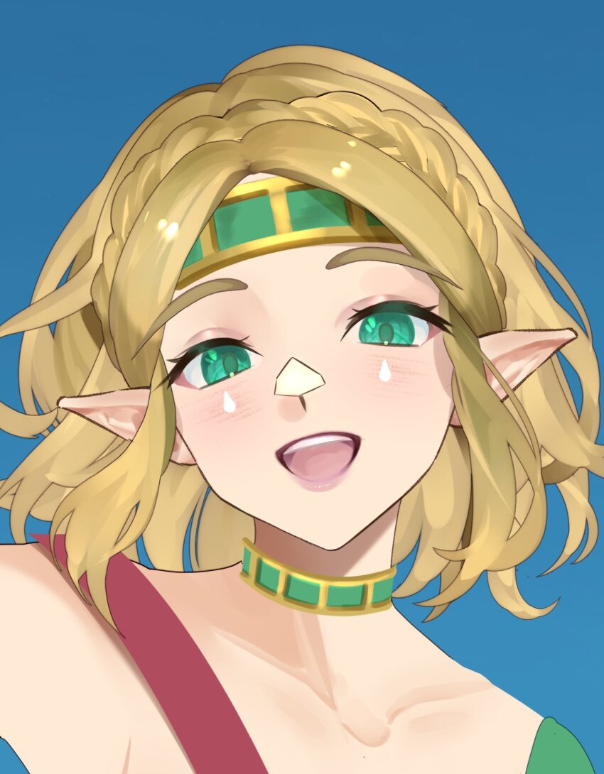 1girl blonde_hair blue_background blush choker collarbone commentary cowboy_shot english_commentary eyebrows_hidden_by_hair green_choker green_eyes green_headband headband highres looking_at_viewer meisaki nintendo open_mouth pointy_ears princess_zelda short_hair smile solo teeth the_legend_of_zelda the_legend_of_zelda:_tears_of_the_kingdom tongue
