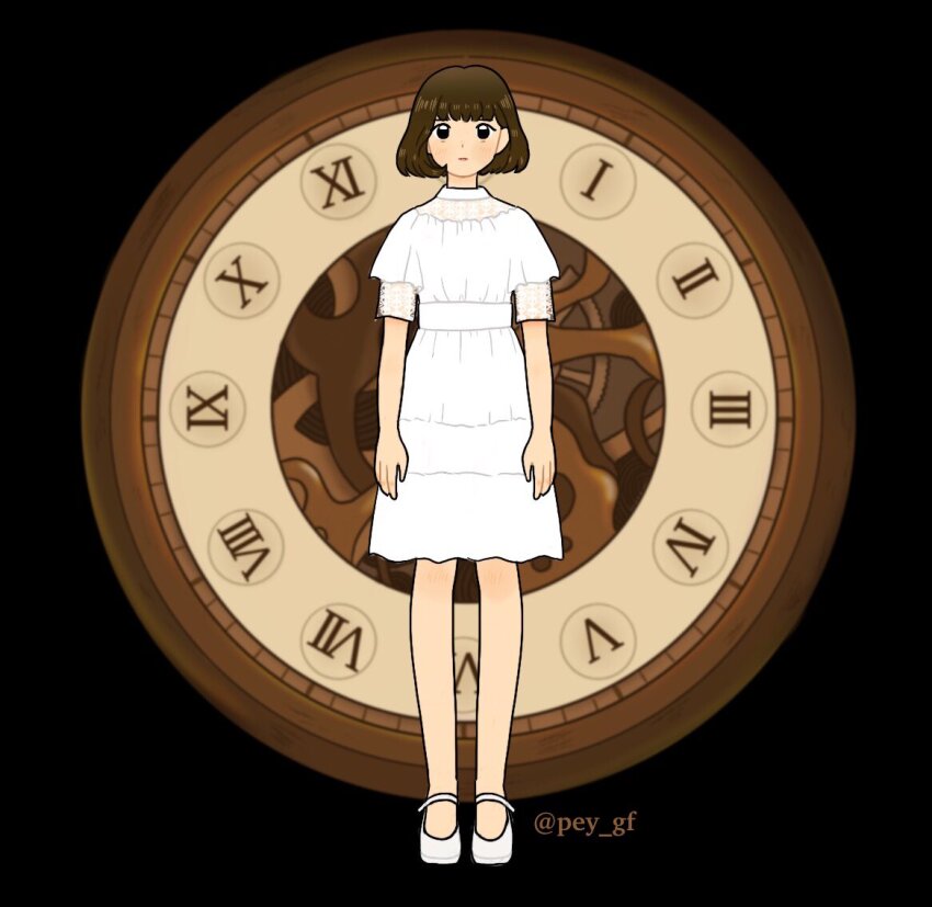 1girl animification black_background blunt_bangs brown_hair clock commentary dress eunha_(gfriend) expressionless full_body gfriend k-pop looking_at_viewer pey_gf real_life short_hair short_sleeves solo twitter_username white_dress white_footwear