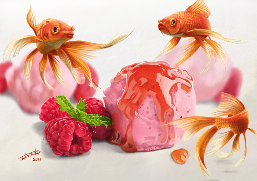 absurdres animal_focus blurry dated depth_of_field fish food food_focus fruit highres ice_cream koi no_humans original raspberry shadow signature surreal syrup tainosuke