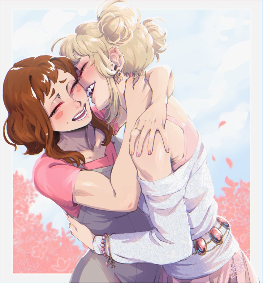 2girls absurdres arms_around_neck blackberrehart blonde_hair blush_stickers boku_no_hero_academia brown_hair camisole closed_eyes commentary day double_bun ear_piercing earrings english_commentary fang flower grey_overalls hair_bun hand_on_another&#039;s_waist highres jewelry multiple_girls off-shoulder_shirt off_shoulder open_mouth outdoors overalls piercing pink_camisole pink_flower pink_shirt shirt smile toga_himiko uraraka_ochako white_shirt yuri