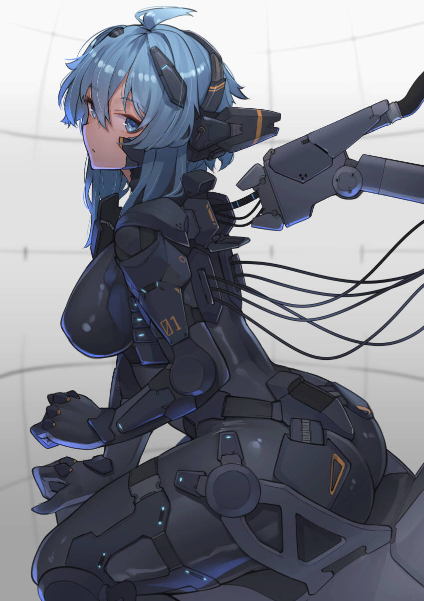1girl absurdres ahoge ass blue_eyes blue_hair breasts hair_ornament headphones highres large_breasts looking_at_viewer mecha_pilot_suit numbered original plugsuit_(evangelion) rabbit_ears_antenna ringobatake short_hair solo thighs wire