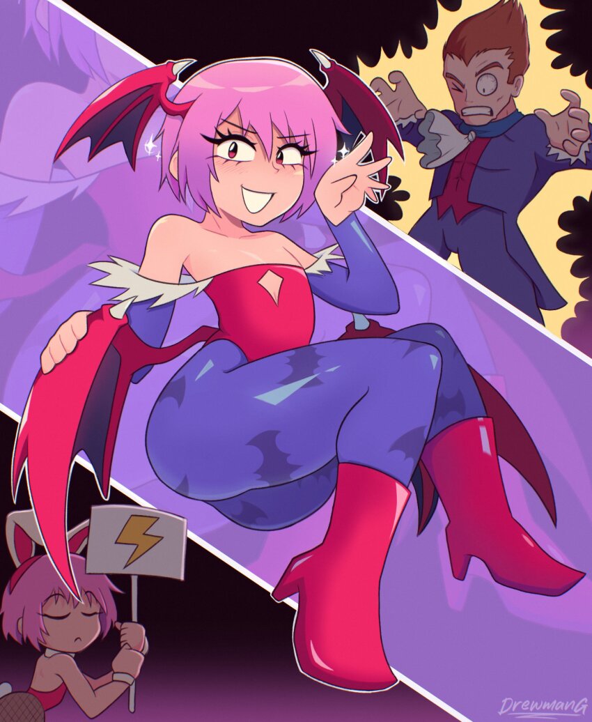 1boy 1girl ass closed_eyes darkstalkers demon_wings dreaming highres lilith_(darkstalkers) looking_at_viewer pantyhose pink_hair short_hair sitting smile wings