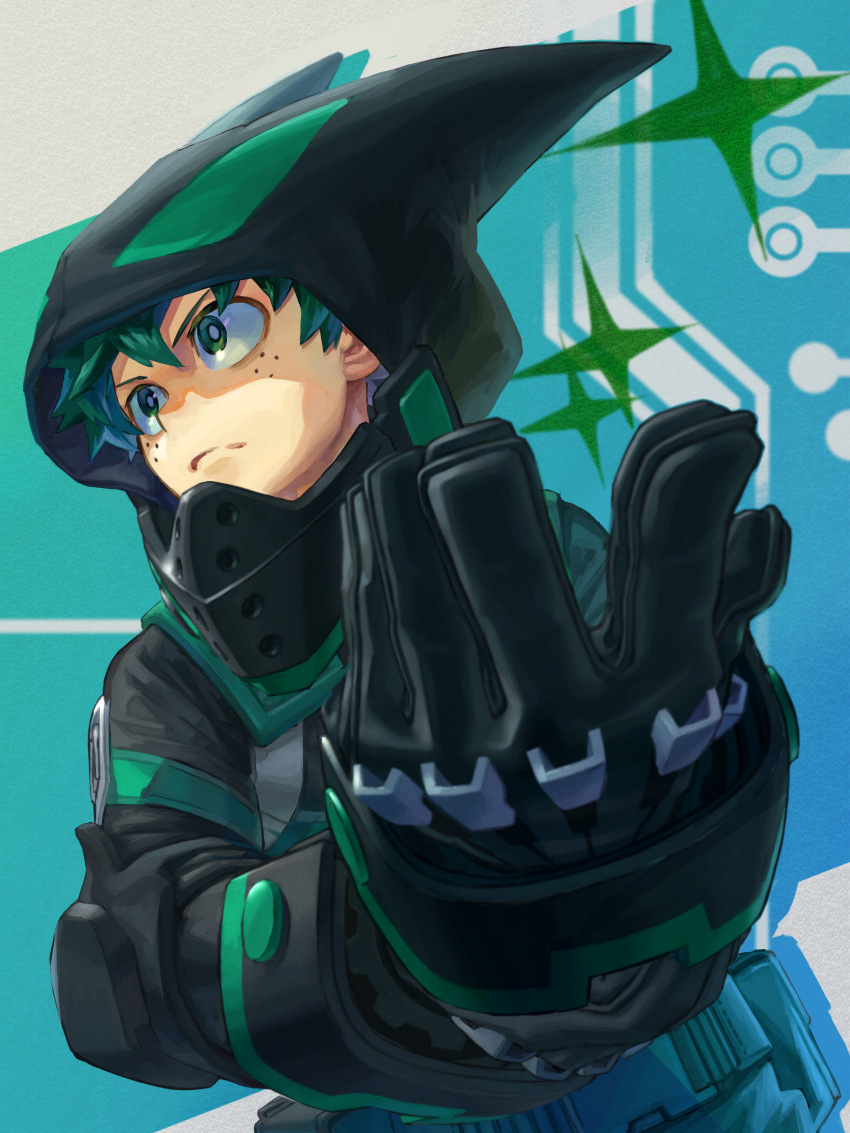 &gt;:( 1boy absurdres aqua_background background_request badge belt belt_pouch black_bodysuit black_gloves blue_background bodysuit boku_no_hero_academia bright_pupils buckle closed_mouth film_grain foreshortening freckles frown gloves gradient_background green_eyes green_hair hair_between_eyes hand_focus hands_up highres hood hood_up hooded_bodysuit looking_to_the_side male_focus midoriya_izuku official_alternate_costume pouch serious short_hair snap-fit_buckle solo sparkle split_mouth turning_head upper_body utility_belt v-shaped_eyebrows yomoyama_yotabanashi
