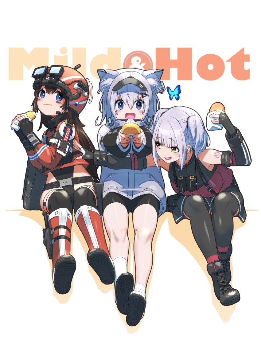 3girls arm_tattoo bag bare_shoulders belorta_(nikke) belt bike_shorts binoculars black_boots black_gloves black_leotard black_skirt black_sleeves black_thighhighs blue_butterfly blue_eyes blush boots brown_hair bug butterfly carronades_(nikke) croquette detached_sleeves double_bun english_text fingerless_gloves food fune_(fune83ojj) gloves goddess_of_victory:_nikke goggles goggles_on_headwear grey_hair grey_jacket hair_between_eyes hair_bun hair_ornament hands_up happy helmet highleg highleg_leotard highres holding holding_food hood incoming_food insect jacket leotard leotard_under_clothes long_sleeves looking_at_another looking_at_viewer mica_(nikke) multiple_girls n102_(nikke) open_mouth reaching reaching_towards_another red_boots red_shirt shirt shoes shoulder_bag sitting skirt socks suspender_skirt suspenders tattoo thighhighs visor_cap white_background white_socks yellow_eyes