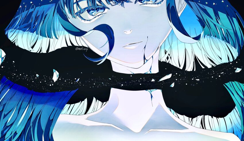 1other black_background blue_eyes blue_hair collarbone colored_skin completely_nude cracked_skin highres houseki_no_kuni light_smile long_hair looking_at_viewer mt5_014 nude other_focus phosphophyllite phosphophyllite_(ll) portrait severed_head simple_background solo straight_hair white_skin