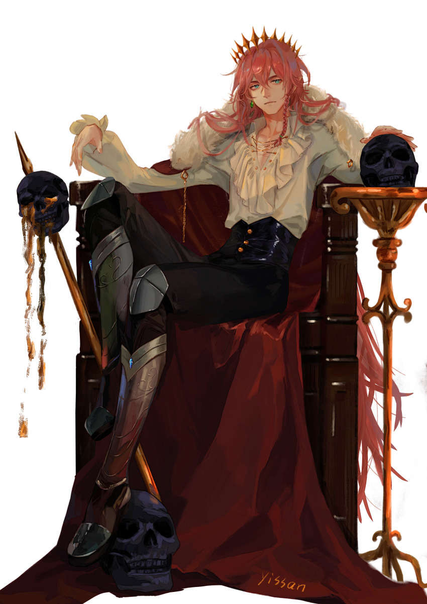 1boy absurdres adapted_costume aegyo_sal alternate_eye_color armor armored_boots bishounen black_corset boots braid braided_sidelock brown_pants cape chain chair chinese_commentary commentary_request corset crown crystal_earrings dream_smp earrings frilled_shirt frills fur-trimmed_cape fur_trim gold_crown hair_between_eyes highres humanization jewelry knee_pads long_hair long_sleeves looking_at_viewer male_focus minecraft_youtube painterly pants pink_hair pointed_crown red_cape shirt simple_background single_braid single_earring sitting skull solo technoblade throne variant_set very_long_hair white_background white_shirt wither_skull yissan_(yissan83250)