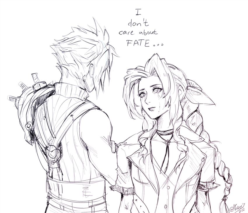 1boy 1girl aerith_gainsborough armor belt braid braided_ponytail choker cloud_strife dress english_text final_fantasy final_fantasy_vii final_fantasy_vii_rebirth final_fantasy_vii_remake flower_choker greyscale hair_ribbon herzloserengel jacket looking_at_another monochrome parted_bangs pauldrons ribbon short_hair shoulder_armor sidelocks single_bare_shoulder single_braid single_pauldron sketch sleeveless sleeveless_turtleneck spiked_hair suspenders tears turtleneck twitter_username white_background