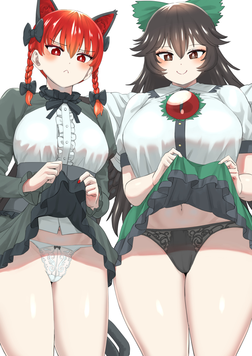 2girls :&lt; animal_ears black_bow black_bowtie black_hair black_panties black_wings blush bow bow_panties bowtie braid breasts cape cat_ears cat_girl cat_tail closed_mouth clothes_lift collared_shirt commission cowboy_shot extra_ears feathered_wings frilled_shirt_collar frilled_skirt frills frown green_bow green_skirt grey_corset hair_bow highres kaenbyou_rin lace lace_panties large_breasts lifting_own_clothes long_hair looking_at_viewer multiple_girls multiple_tails navel nekobatake panties red_eyes red_hair reiuji_utsuho shirt shrug_(clothing) simple_background skeb_commission skirt skirt_lift smile tail third_eye touhou twin_braids two_tails underwear white_background white_cape white_panties white_shirt wings